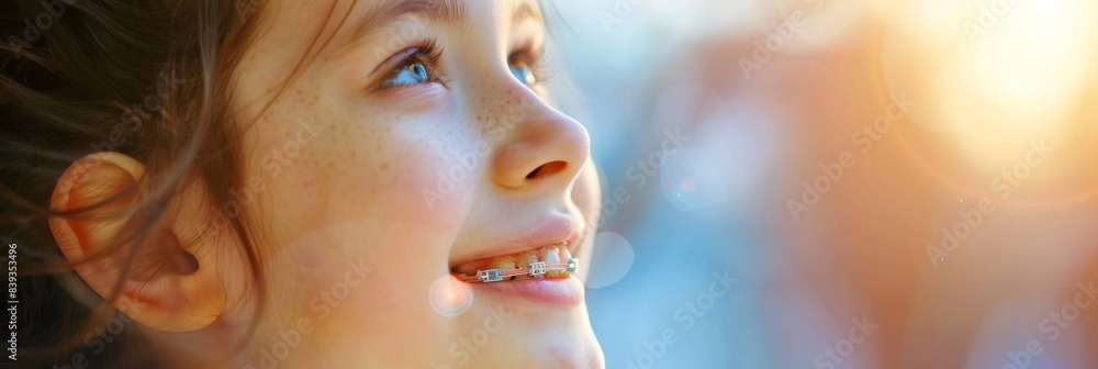 Removable Orthodontic Appliance Closeup, Child Face with Bracket, Girl Teeth with Braces, Brackets Removable Orthodontic Appliance Closeup, Child Face with Bracket, Girl Teeth with Braces, Brackets