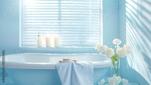 Stylish bathroom interior with white roses in a vase on the sink  copy space for text