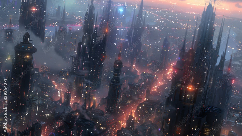 Fototapeta premium Futuristic city skyline with sleek, angular buildings soaring into the sky, accented by vibrant neon lights streaking through the bustling streets