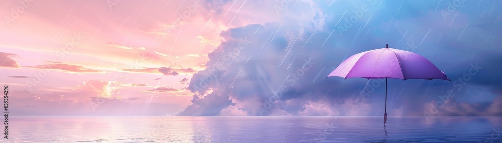 Floating clouds falling from a pastel purple umbrella, copy space, fantasy weather, dynamic, composite, mystical landscape backdrop Floating clouds falling from a pastel purple umbrella, copy space, fantasy weather, dynamic, composite, mystical landscape backdrop