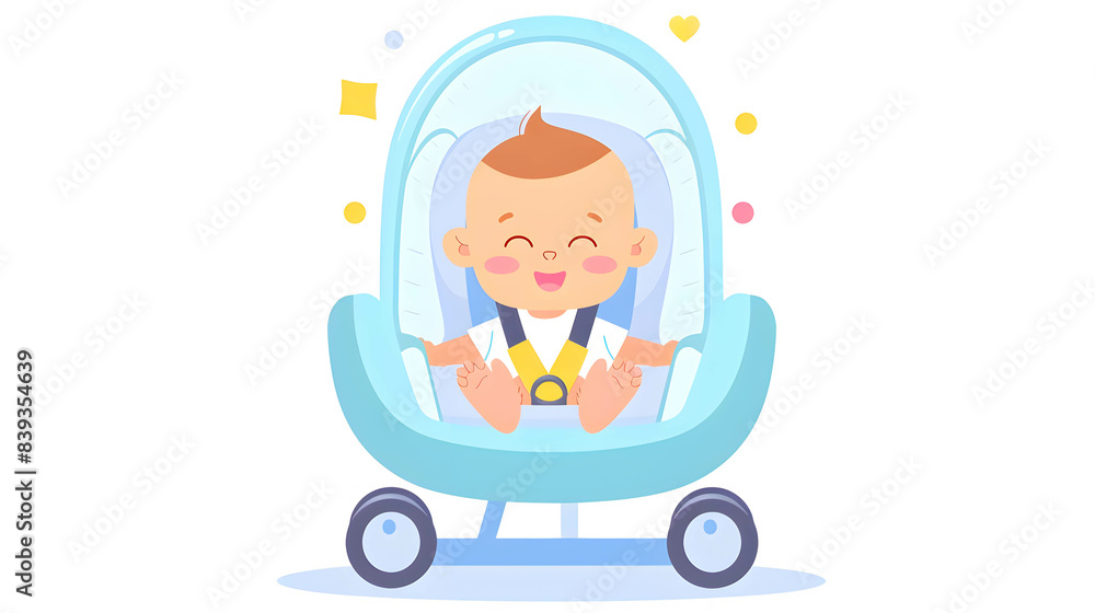 A cheerful cartoon baby sitting happily in a blue baby stroller, showcasing the joy and safety of child transportation. A cheerful cartoon baby sitting happily in a blue baby stroller, showcasing the joy and safety of child transportation.
