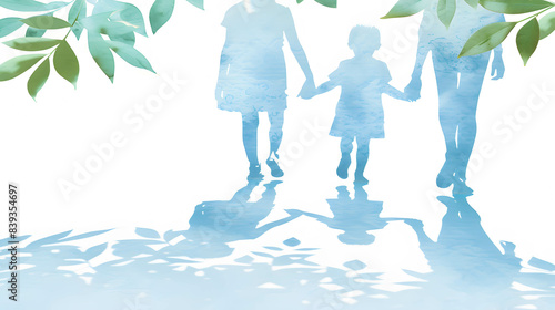 An abstract watercolor silhouette of a family holding hands, surrounded by green leaves, symbolizing unity, togetherness, and a connection with nature.