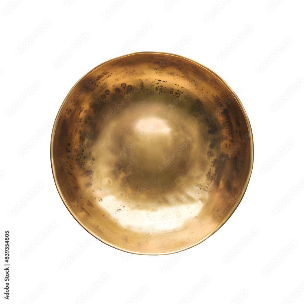 Golden brass bowl, top view, isolated on transparent background