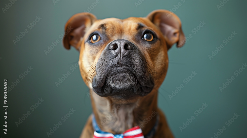 Dog in patriotic sunglasses and bow tie on green backdrop. Dog in patriotic sunglasses and bow tie on green backdrop.