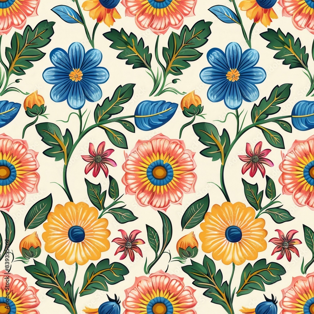 Brightly colored wildflowers and leaves arranged in a repeating tile pattern Brightly colored wildflowers and leaves arranged in a repeating tile pattern