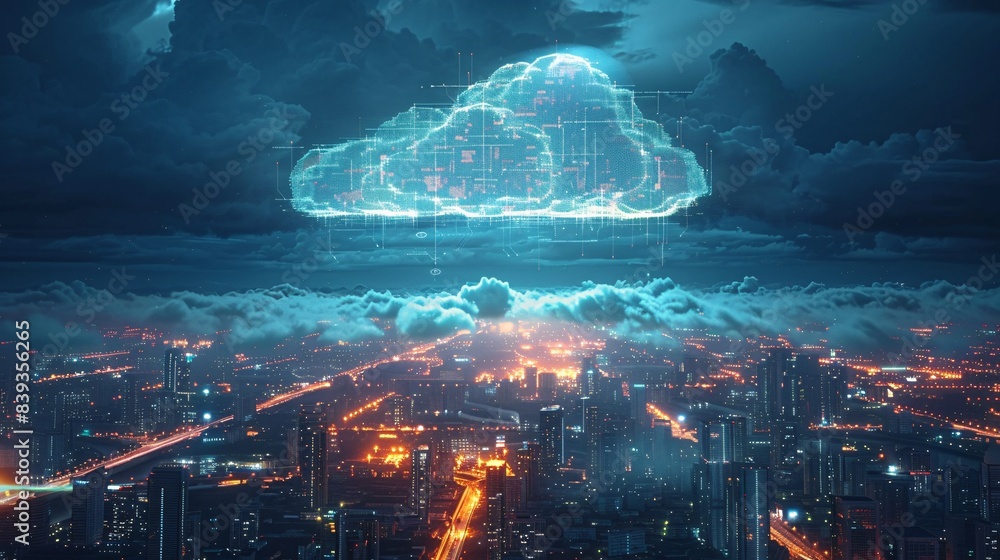 Obraz premium A digitally illuminated cloud hovers above a futuristic cityscape, highlighting the integration of advanced technology and urban infrastructure.