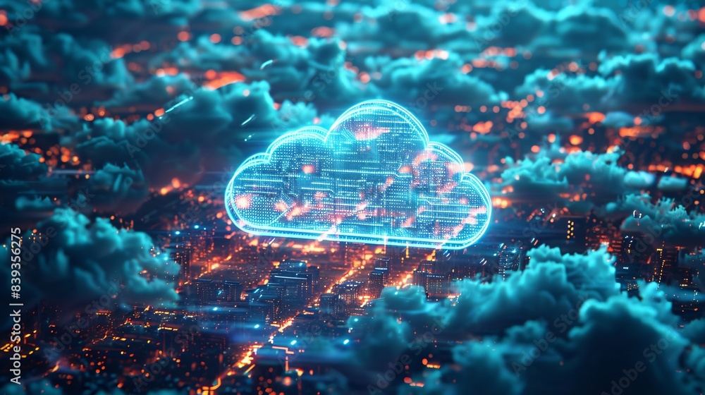 A glowing digital cloud hovers over a futuristic urban landscape, highlighting the synergy of cloud computing and high-tech city infrastructure. A glowing digital cloud hovers over a futuristic urban landscape, highlighting the synergy of cloud computing and high-tech city infrastructure.