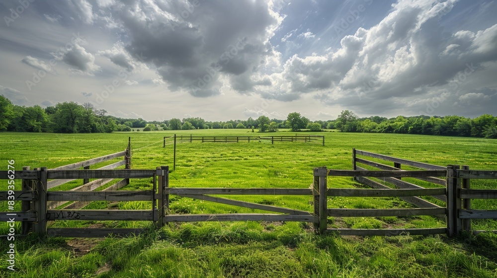 Open green fields with three wide empty pens for horses, daytime, nature, photorealistic, 8k resolution, photography Open green fields with three wide empty pens for horses, daytime, nature, photorealistic, 8k resolution, photography