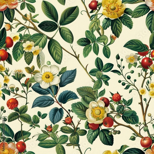 Vintage-style botanical illustrations creating a seamless design