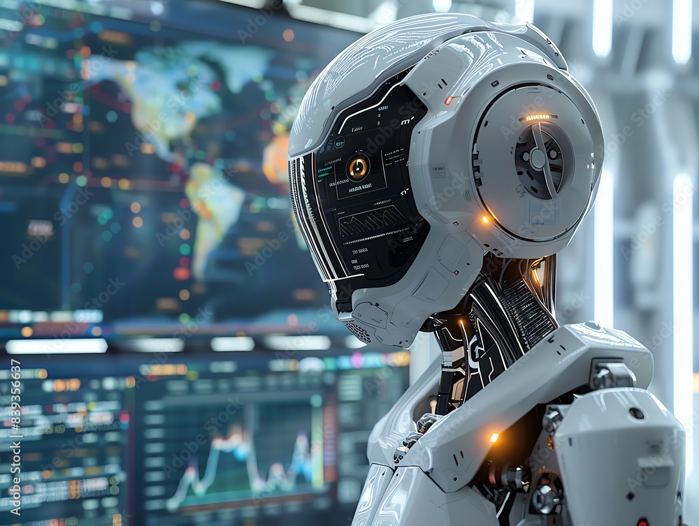 AI-powered robot assisting with data analysis, sleek interface and advanced tech, innovative and efficient setting AI-powered robot assisting with data analysis, sleek interface and advanced tech, innovative and efficient setting