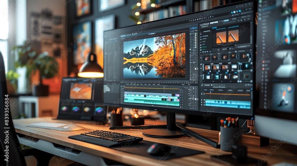 Creative cloud project in progress, multiple design elements on screen, modern and efficient workspace Creative cloud project in progress, multiple design elements on screen, modern and efficient workspace