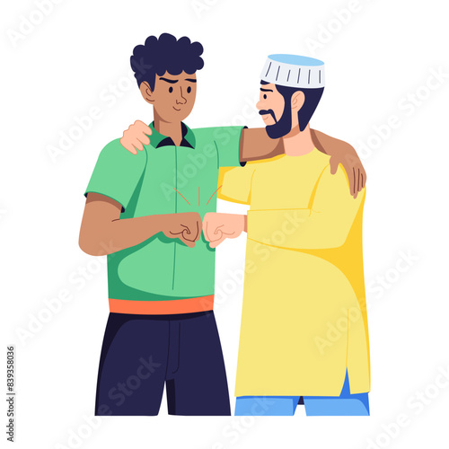 Multicultural men doing bro fist, flat style illustration 