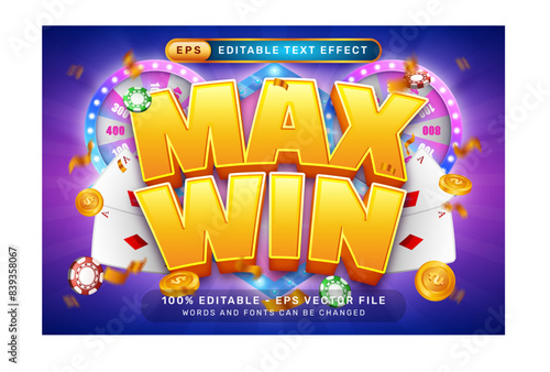 max win 3d text effect and editable text effect with an illustration of a spin lottery machine and a glowing background	