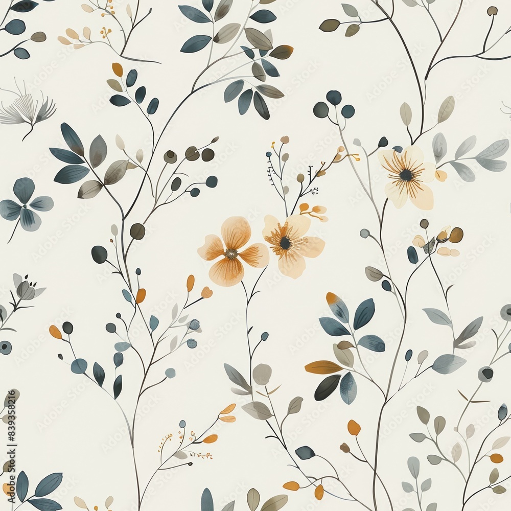 Contemporary floral and botanical pattern in muted tones Contemporary floral and botanical pattern in muted tones