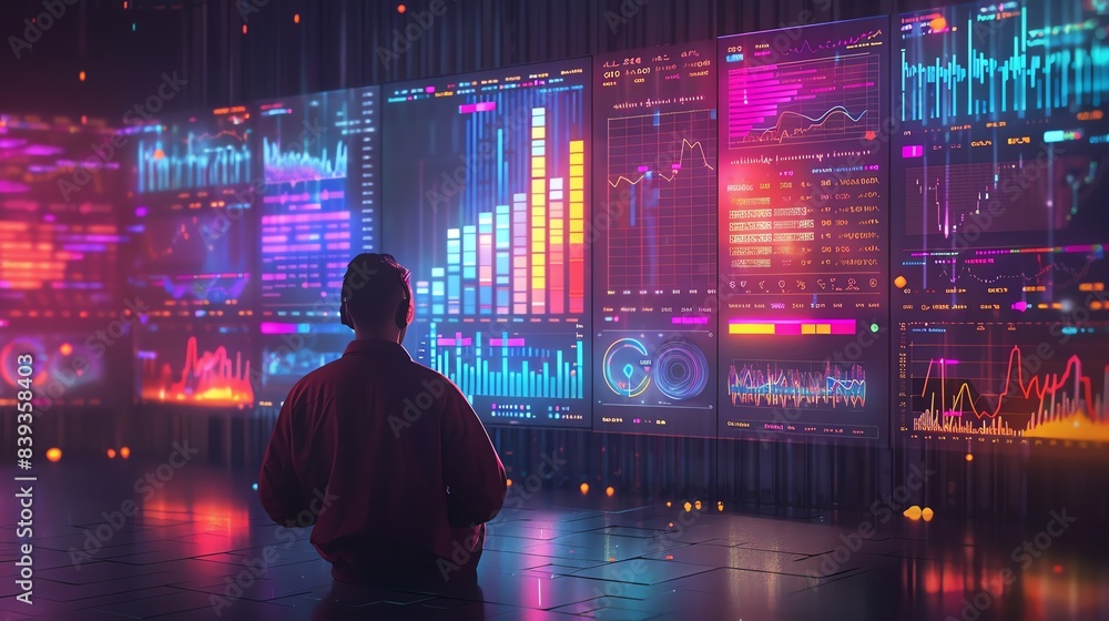 Data scientist visualizing AI data, colorful graphs and charts, professional and high-tech environment Data scientist visualizing AI data, colorful graphs and charts, professional and high-tech environment