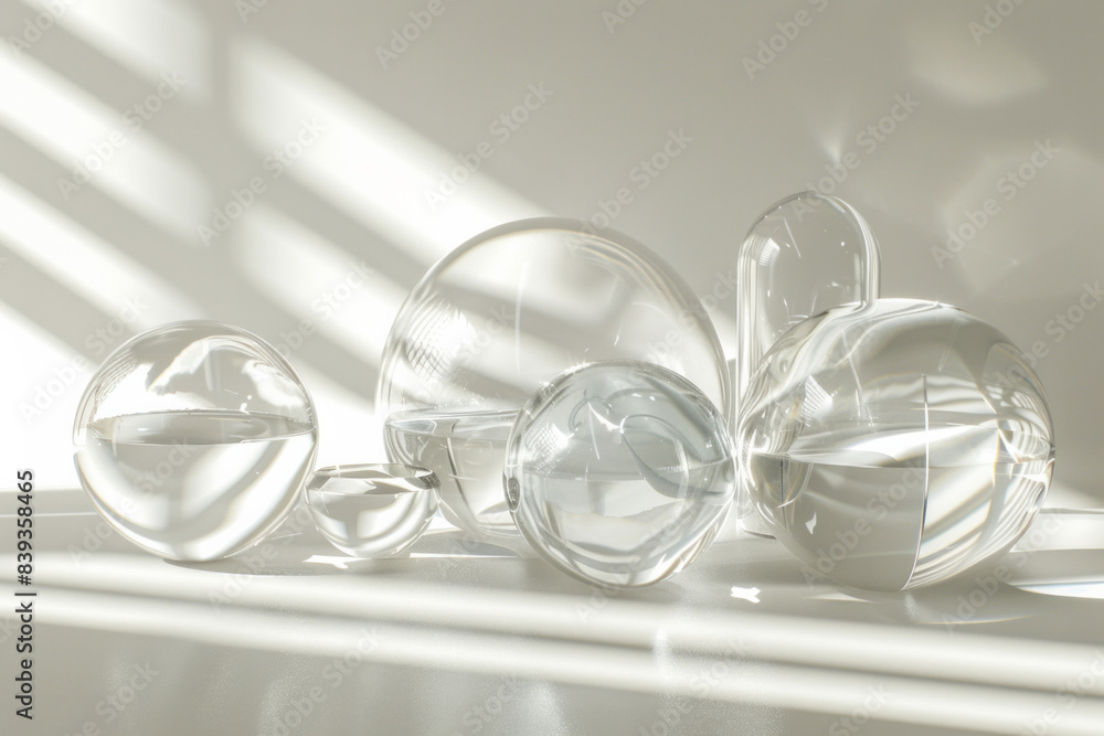 Clear glass shapes arranged in a minimalist style, with soft reflections and shadows. Clear glass shapes arranged in a minimalist style, with soft reflections and shadows.