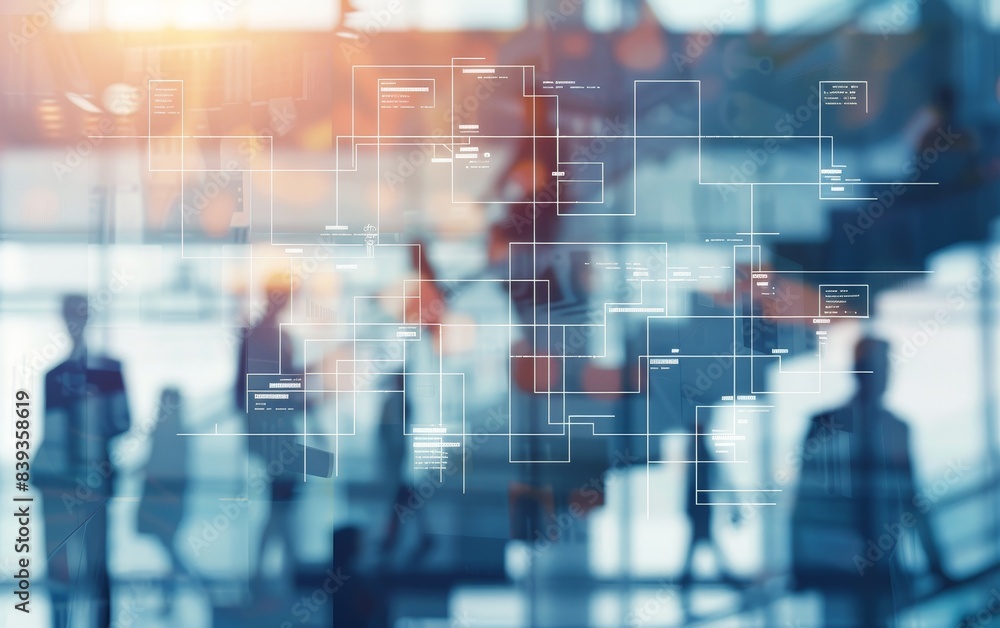 Automated process mapping for enterprise solutions, selective focus, business optimization, futuristic, silhouette, tech hub backdrop Automated process mapping for enterprise solutions, selective focus, business optimization, futuristic, silhouette, tech hub backdrop