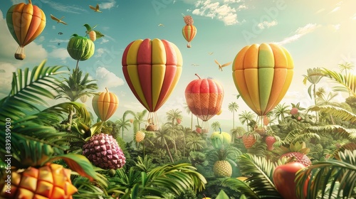 Mixed tropical fruits depicted as hot air balloons over a lush landscape © Jiraphiphat