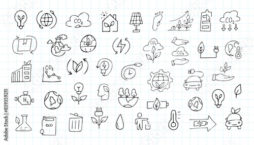 ecology. nature. protection of nature. trees. water. petrol. pack. biodegradable items. preserve nature. environment protection. EPS 10. on a white background. black color. lines. doodle. actual. curr