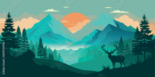 Scenic mountain landscape with deer silhouette at sunrise. Vector illustration