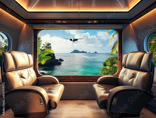 Inside a modern private jet, plush leather seats and a panoramic window view of a tropical island © Jiraphiphat