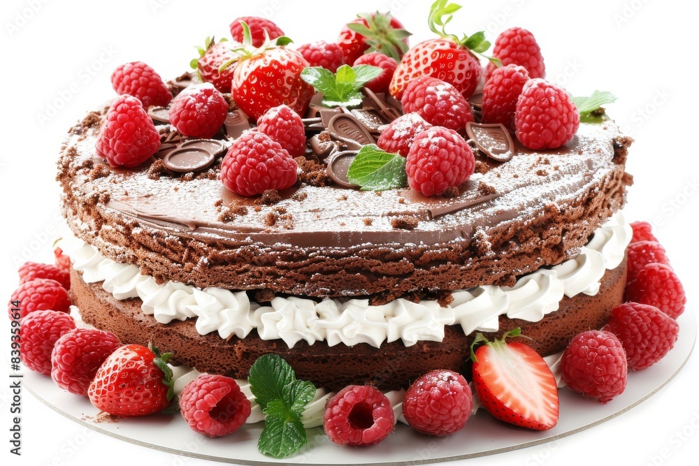 Rich chocolate cake with layers of whipped cream and fresh raspberries, presented on a white plate, creating an indulgent and delicious dessert Rich chocolate cake with layers of whipped cream and fresh raspberries, presented on a white plate, creating an indulgent and delicious dessert