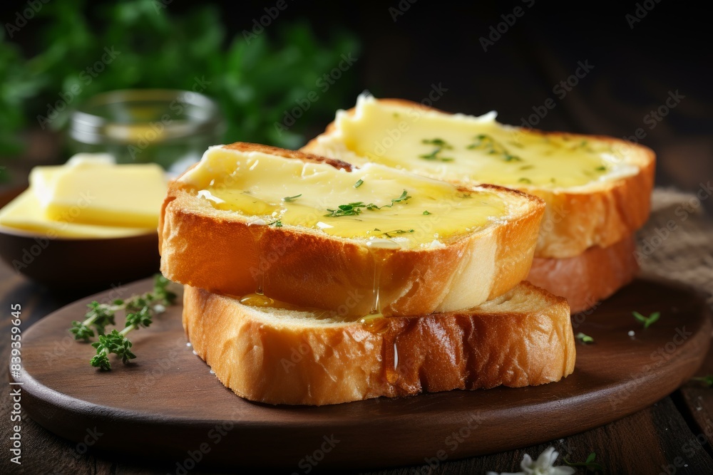 Scrumptious Tasty toasts with butter on wooden board. Crunchy bread toasts on morning breakfast meal. Generate ai Scrumptious Tasty toasts with butter on wooden board. Crunchy bread toasts on morning breakfast meal. Generate ai