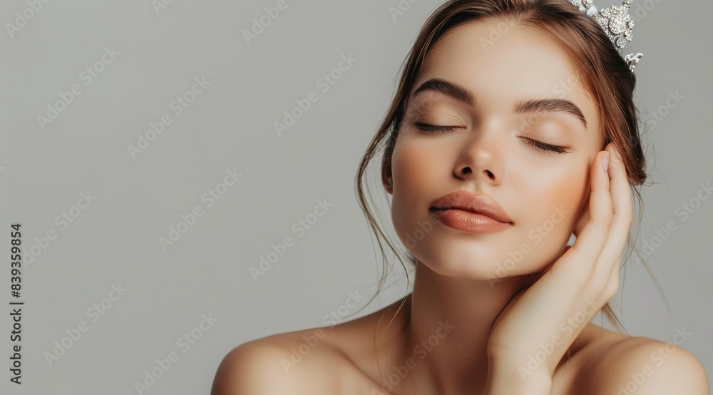 A beautiful woman with a tiara is posing and touching her face on a grey background, highlighting the beauty concept and skin care for women in their mid20s to early 30s, with the skin care .