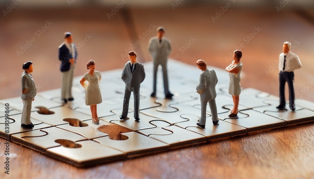 grupo de personas empleadas que permanecen quietas en el tablero del rompecabezas sin terminar tratando de trabajar juntas para encontrar la solución al problema del que hablan entre sí grupo de personas empleadas que permanecen quietas en el tablero del rompecabezas sin terminar tratando de trabajar juntas para encontrar la solución al problema del que hablan entre sí