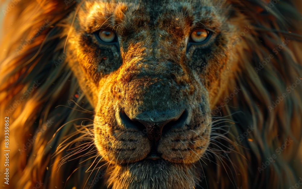 Close-up shot of a lions face, showing its intense gaze and powerful features Close-up shot of a lions face, showing its intense gaze and powerful features