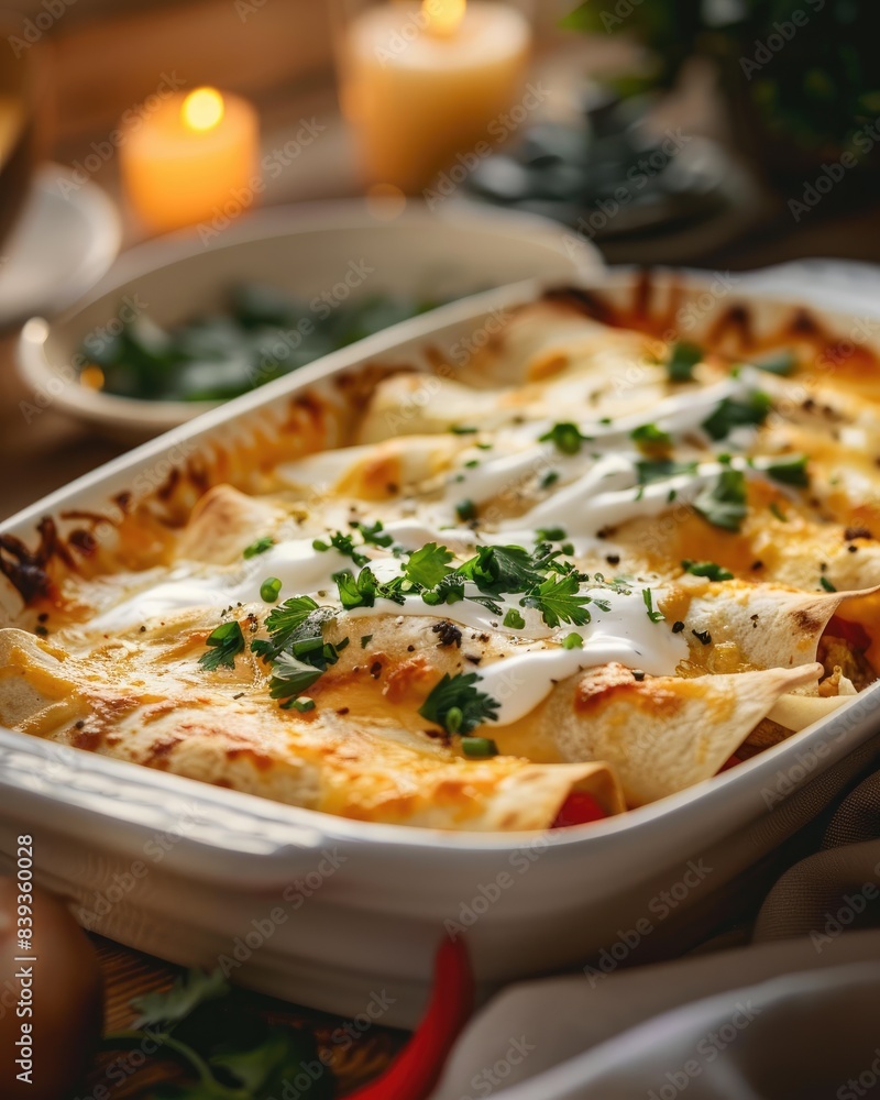 Enchiladas topped with melted cheese Enchiladas topped with melted cheese