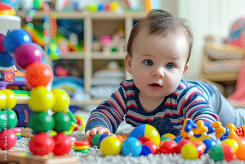 Baby playing colorful toys at home