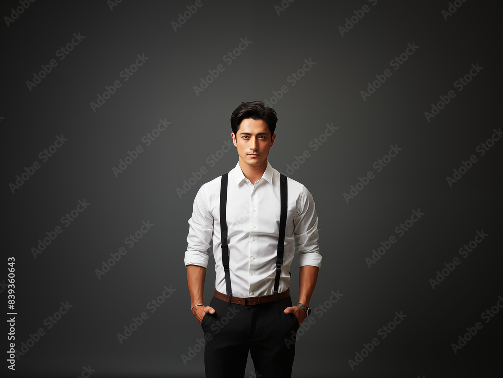 Fototapeta premium A joyful Asian man in black and white clothes against an isolated background