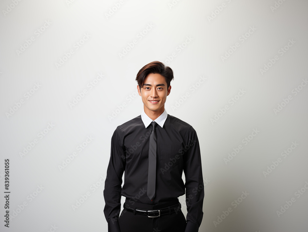 A joyful Asian man in black and white clothes against an isolated background A joyful Asian man in black and white clothes against an isolated background