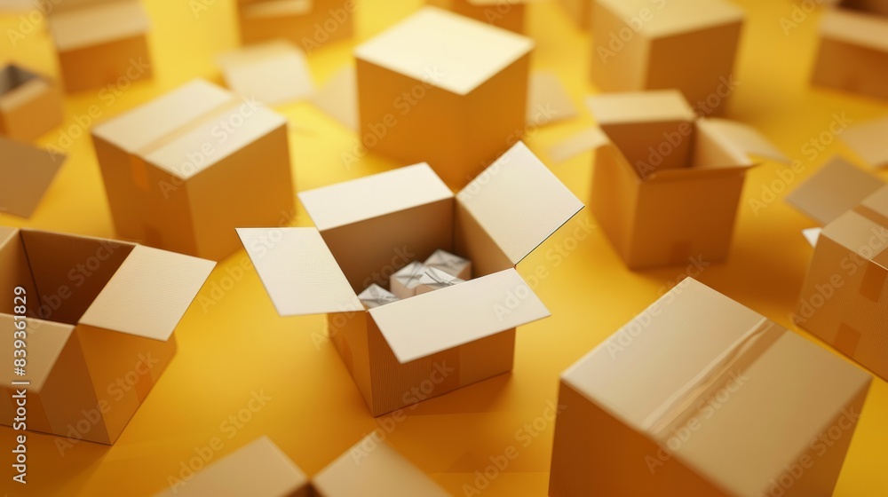 Open cardboard box with soft padding between closed boxes on yellow background. generative ai Open cardboard box with soft padding between closed boxes on yellow background. generative ai