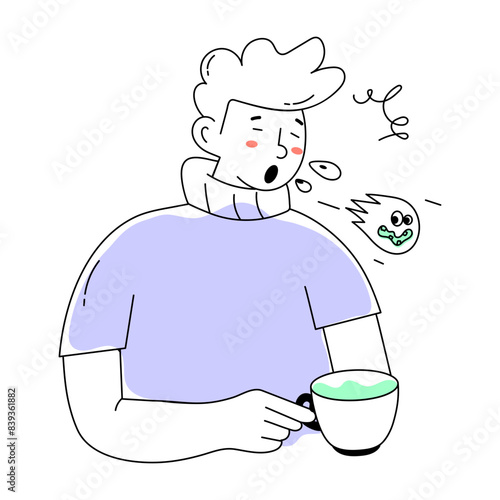 An editable doodle mini illustration of coughing 