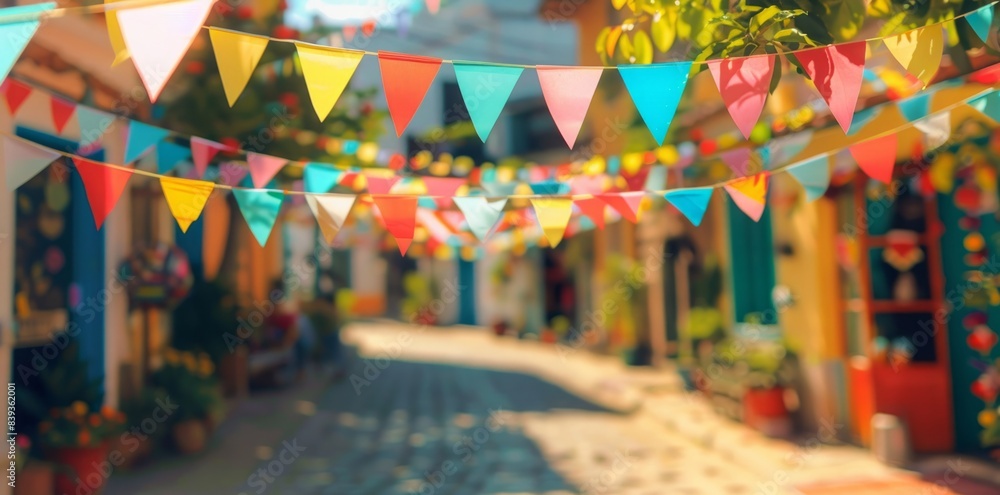 Fototapeta premium Colorful flags hung on the street celebrating the blurred background.