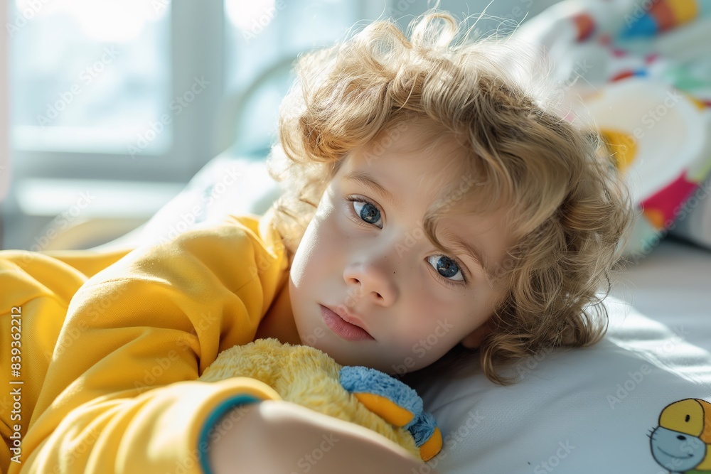Child lying on bed with stuffed toy, childhood innocence concept Child lying on bed with stuffed toy, childhood innocence concept