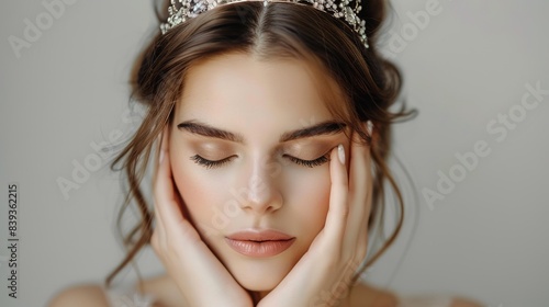 Beautiful woman with tiara posing and touching her face on grey background, beauty concept, skin care for women in their mid20s to early 30s, skin care set against gray backdrop photo