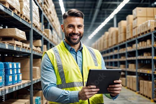 Portrait of happy male factory manager using digital tablet in industrial warehouse with goods shelf, looking at camera. Man worker in store storage, smile pleasant. Career concept. Copy ad text space