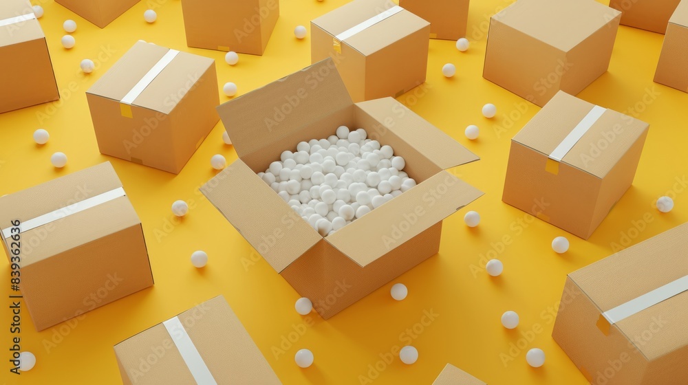 Open cardboard box with soft padding between closed boxes on yellow background. generative ai Open cardboard box with soft padding between closed boxes on yellow background. generative ai