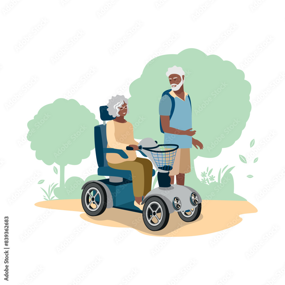 Happy elderly couple with electric wheelchair walking in the park. Rehabilitation and adaptation of people with disabilities. Vector illustration on a white background. Happy elderly couple with electric wheelchair walking in the park. Rehabilitation and adaptation of people with disabilities. Vector illustration on a white background.