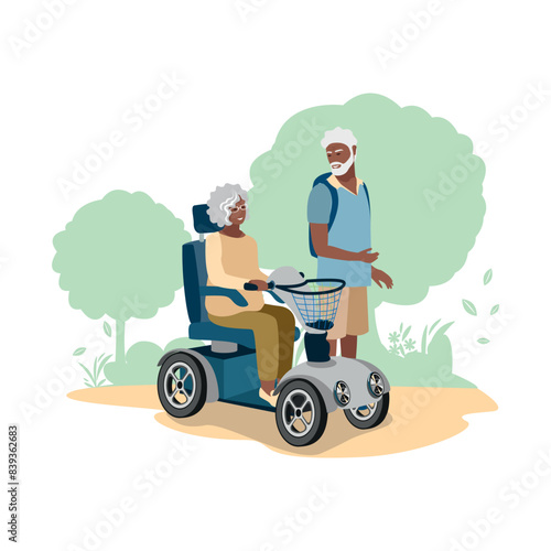 Happy elderly couple with electric wheelchair walking in the park. Rehabilitation and adaptation of people with disabilities. Vector illustration on a white background.