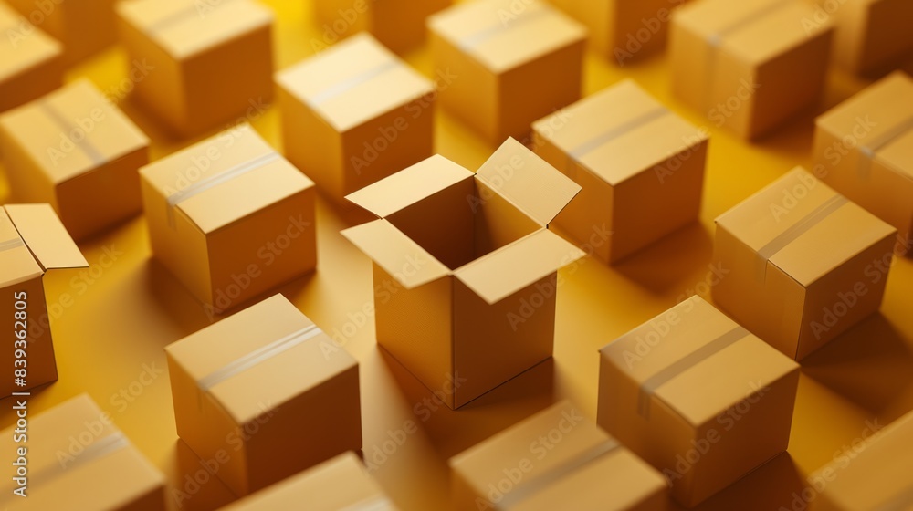 Open cardboard box with soft padding between closed boxes on yellow background. generative ai Open cardboard box with soft padding between closed boxes on yellow background. generative ai