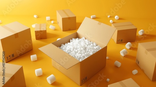 Open cardboard box with soft padding between closed boxes on yellow background. generative ai