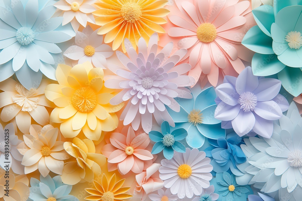Flowers paper cut design. Beautiful spring paper cut flowers on soft color background. Valentine's Day, Birthday, Happy Woman Day, Mother's Day. Holiday poster and banner with flower papercut Flowers paper cut design. Beautiful spring paper cut flowers on soft color background. Valentine's Day, Birthday, Happy Woman Day, Mother's Day. Holiday poster and banner with flower papercut