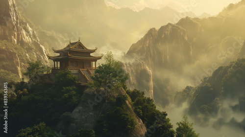 ancient Buddhist temple nestled in the tranquil mountainside of Asia photo