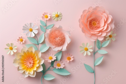 Flowers paper cut design. Beautiful spring paper cut flowers on soft color background. Valentine's Day, Birthday, Happy Woman Day, Mother's Day. Holiday poster and banner with flower papercut