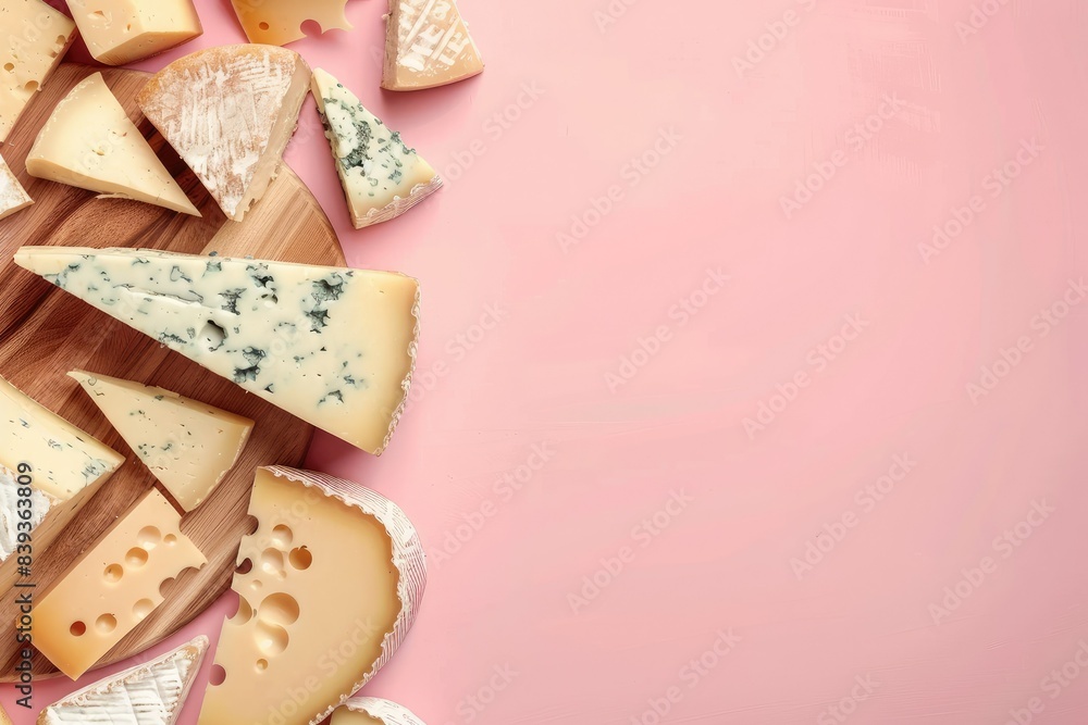A minimal pastel background with a cheese board and assorted cheeses, offering generous copyspace A minimal pastel background with a cheese board and assorted cheeses, offering generous copyspace