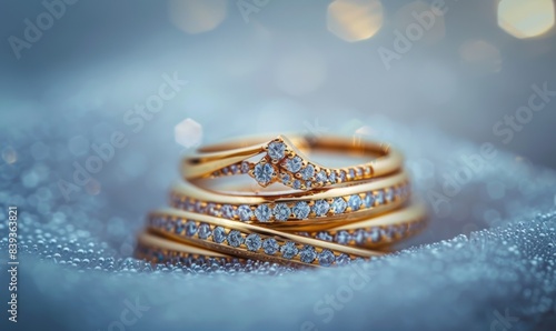 A pair of golden diamond rings and bracelet, a diamond ring with a halo setting, jewelry photography on a studio background